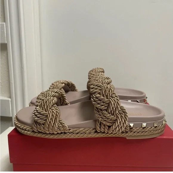 Valentino Rockstud Espadrille Braided Slides - Picture 2 of 8